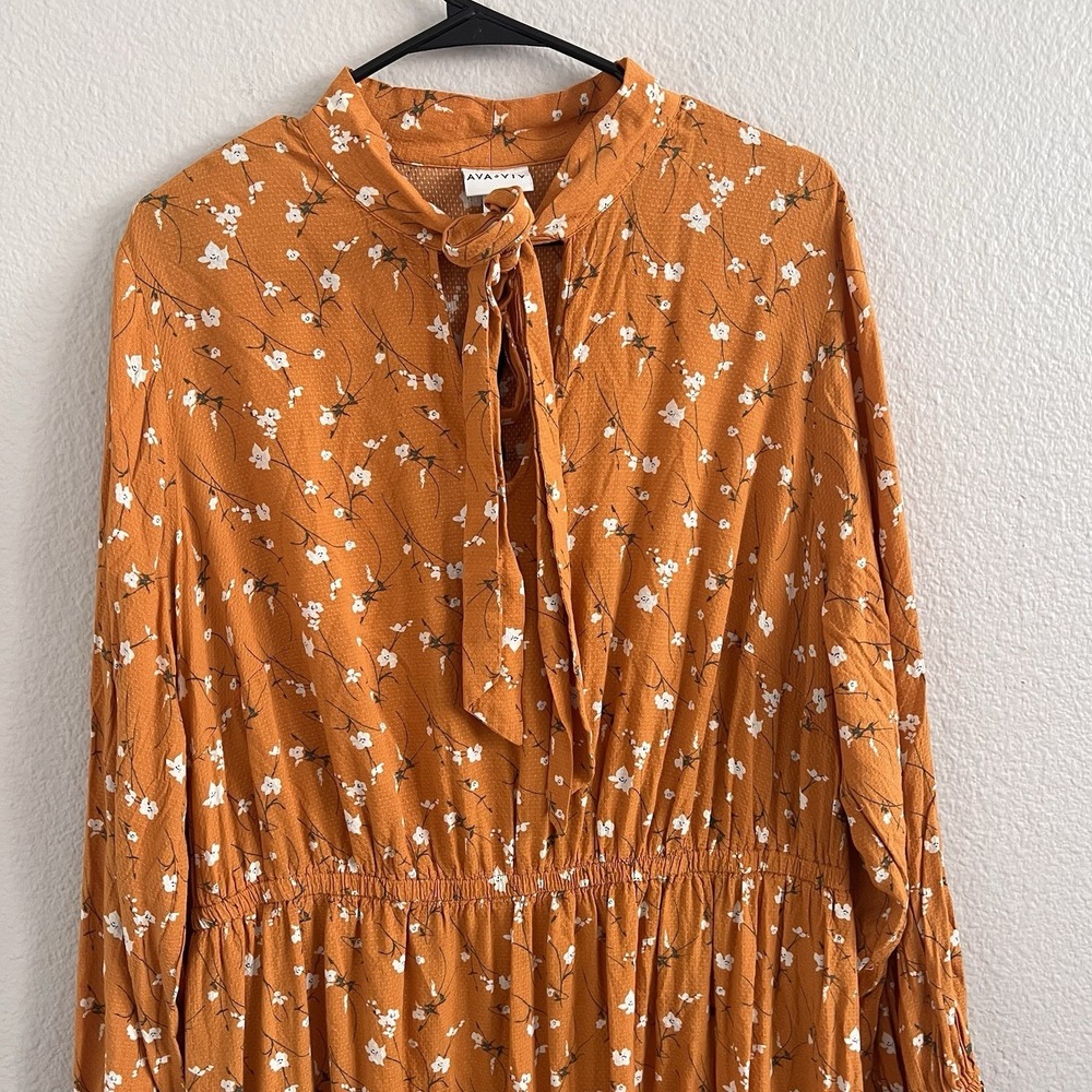 1X XL Floral Maxi Tiered Dress Cottagecore Boho Prairie Bow Ruffles Yellow - Picture 8 of 12